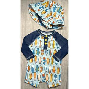 Mud Pie 0-3m Surfboard Rash Guard 1pc Swim bathing suit Hat set NWT long sleeve